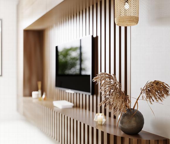 modern boho influence media wall in home